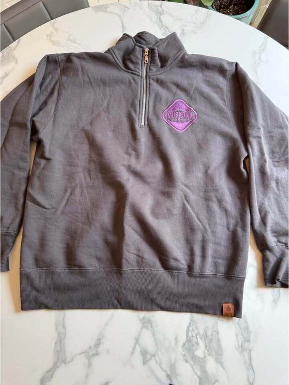 Bear Wear woman’s grey and purple sweater. Half zip XL